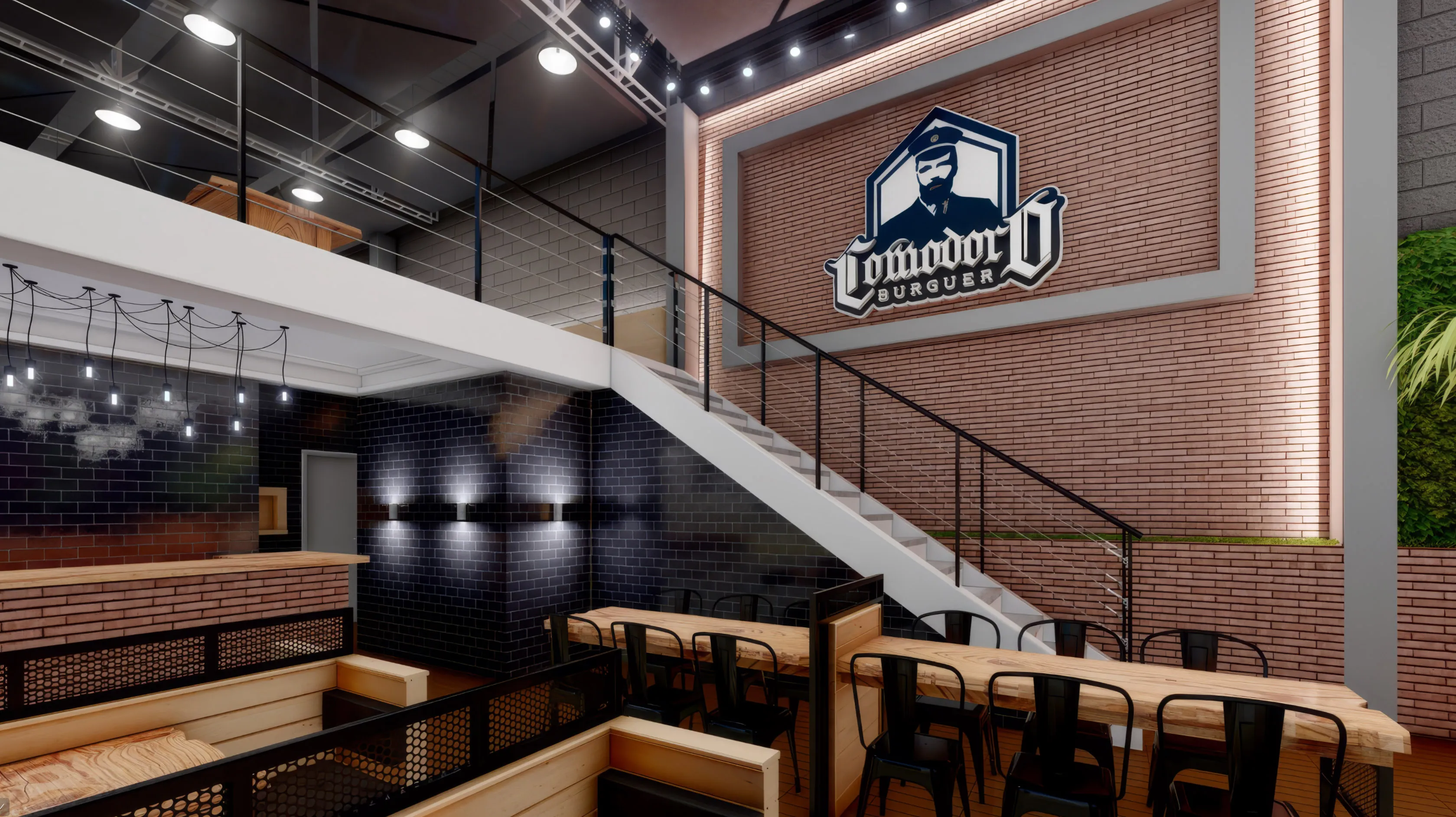 Ambiente comercial com mezanino e aplicação de Painel Wall